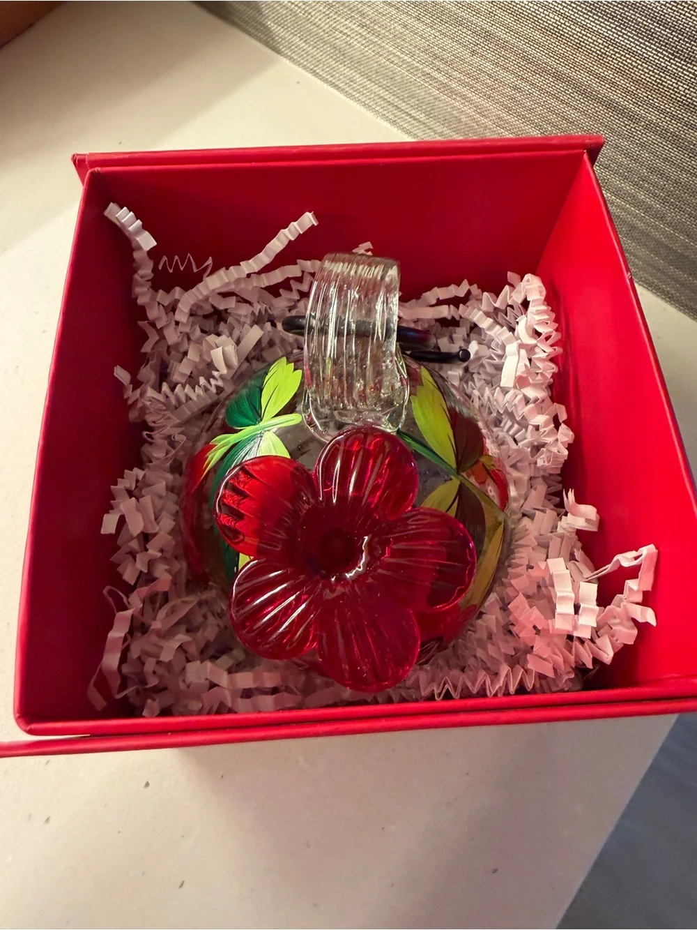 Brand new Hand Blown Glass Ornament/Hummingbird Feeder with Red Floral Accent - Picture 5 of 5